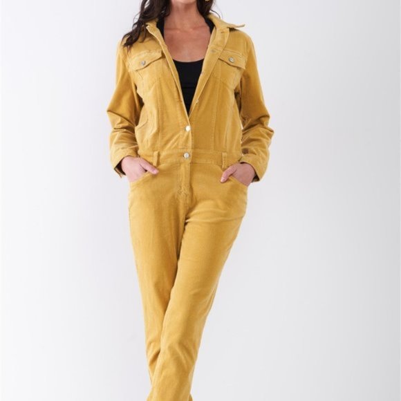 Bumblebee Yellow Corduroy Long Sleeve Jumpsuit - Picture 2 of 7